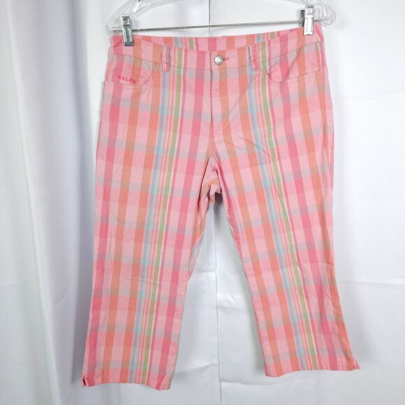 Vintage Ralph Lauren Womens 6 32x19 Pink Plaid Cropped Golf Stretch Pants Capris - Picture 1 of 8